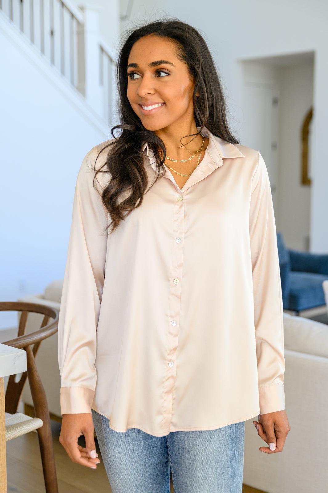 Loved For Years Satin Button Up In Beige - The Fiery Jasmine