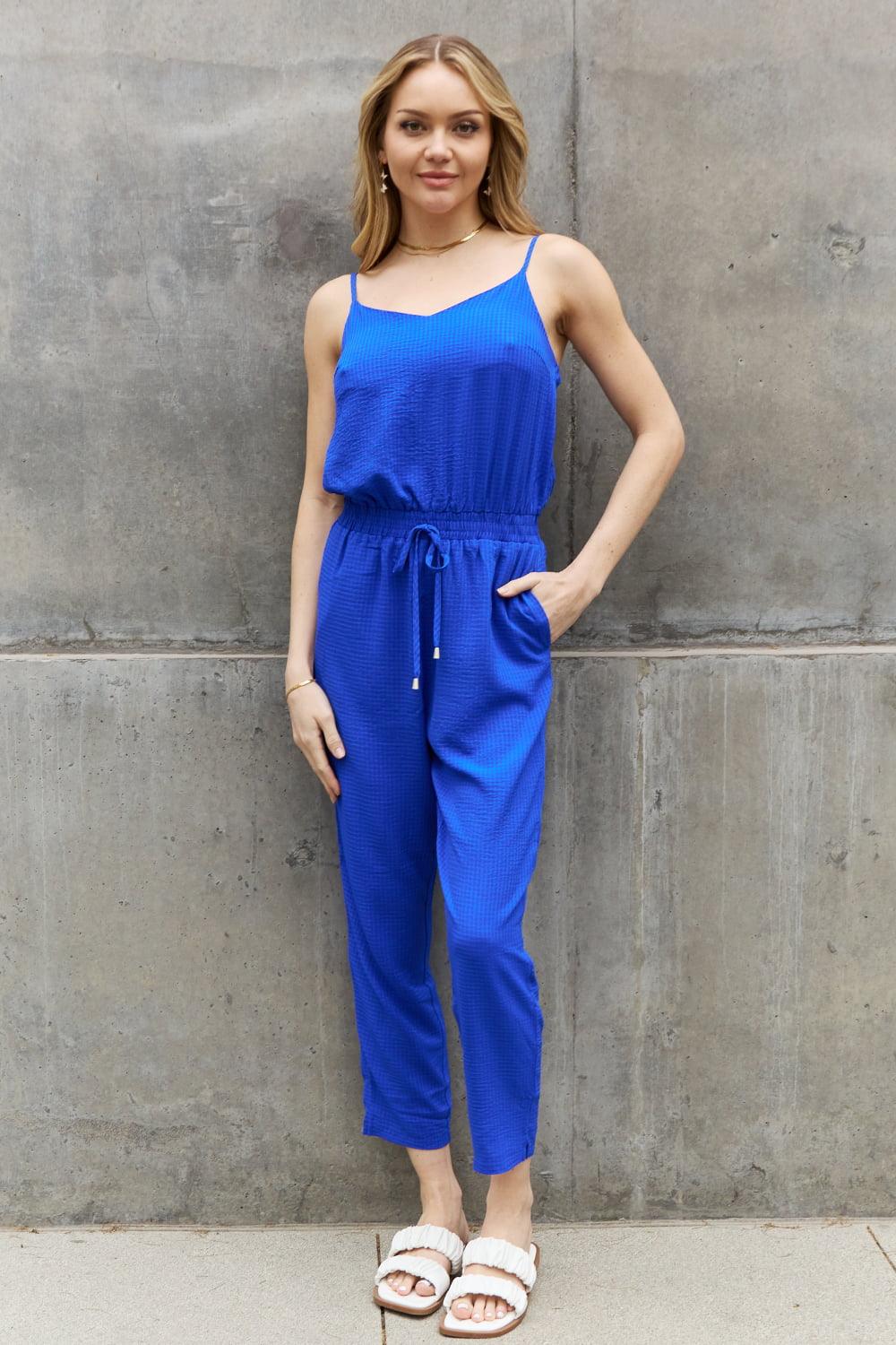 ODDI Full Size Textured Woven Jumpsuit in Royal Blue - The Fiery Jasmine