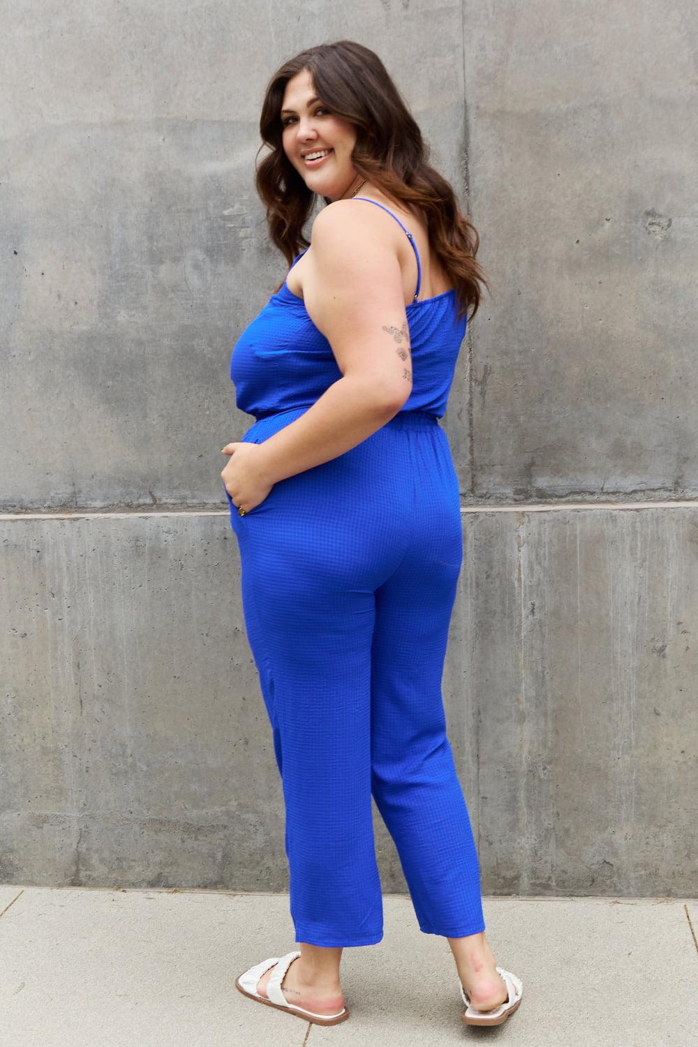 ODDI Full Size Textured Woven Jumpsuit in Royal Blue - The Fiery Jasmine
