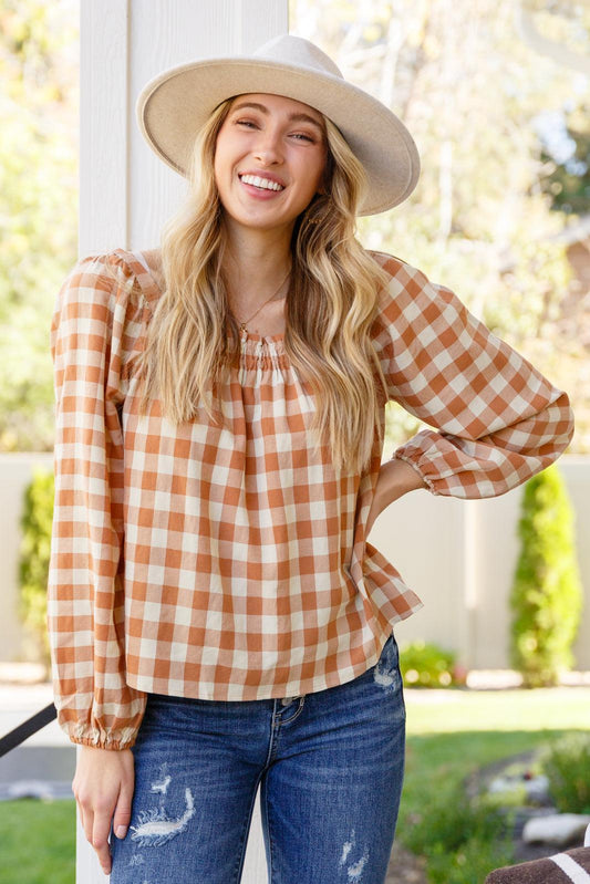 One Fine Afternoon Gingham Plaid Top In Caramel - The Fiery Jasmine