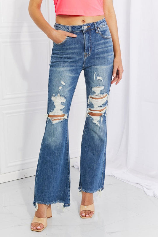 RISEN Full Size Hazel High Rise Distressed Flare Jeans - The Fiery Jasmine