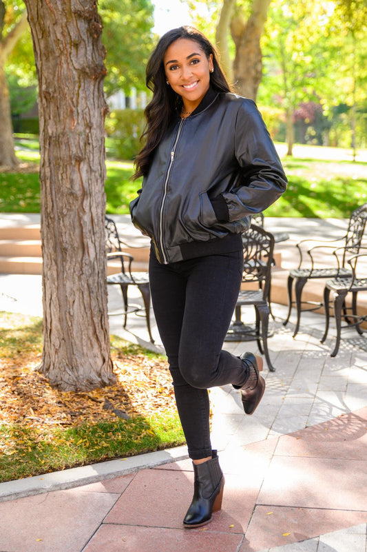 This Is It Faux Leather Bomber Jacket In Black - The Fiery Jasmine