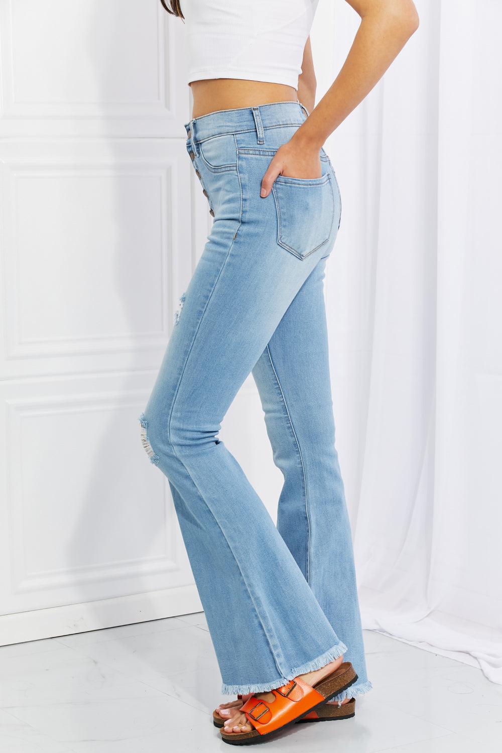 Vibrant MIU Full Size Jess Button Flare Jeans - The Fiery Jasmine