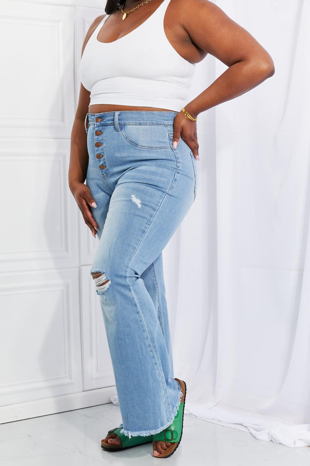 Vibrant MIU Full Size Jess Button Flare Jeans - The Fiery Jasmine