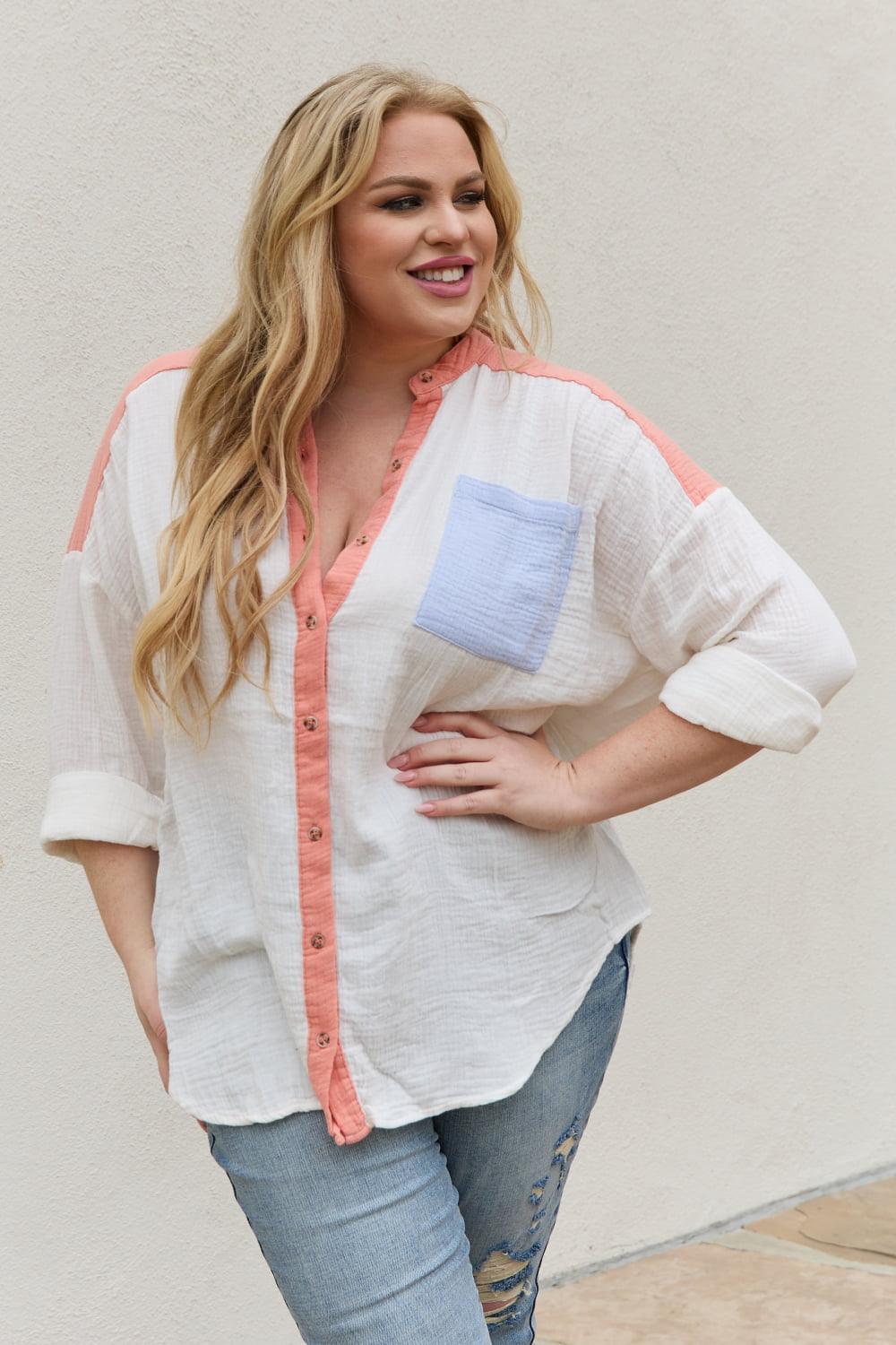 White Birch Full Size Color Block Woven Button Down Top - The Fiery Jasmine