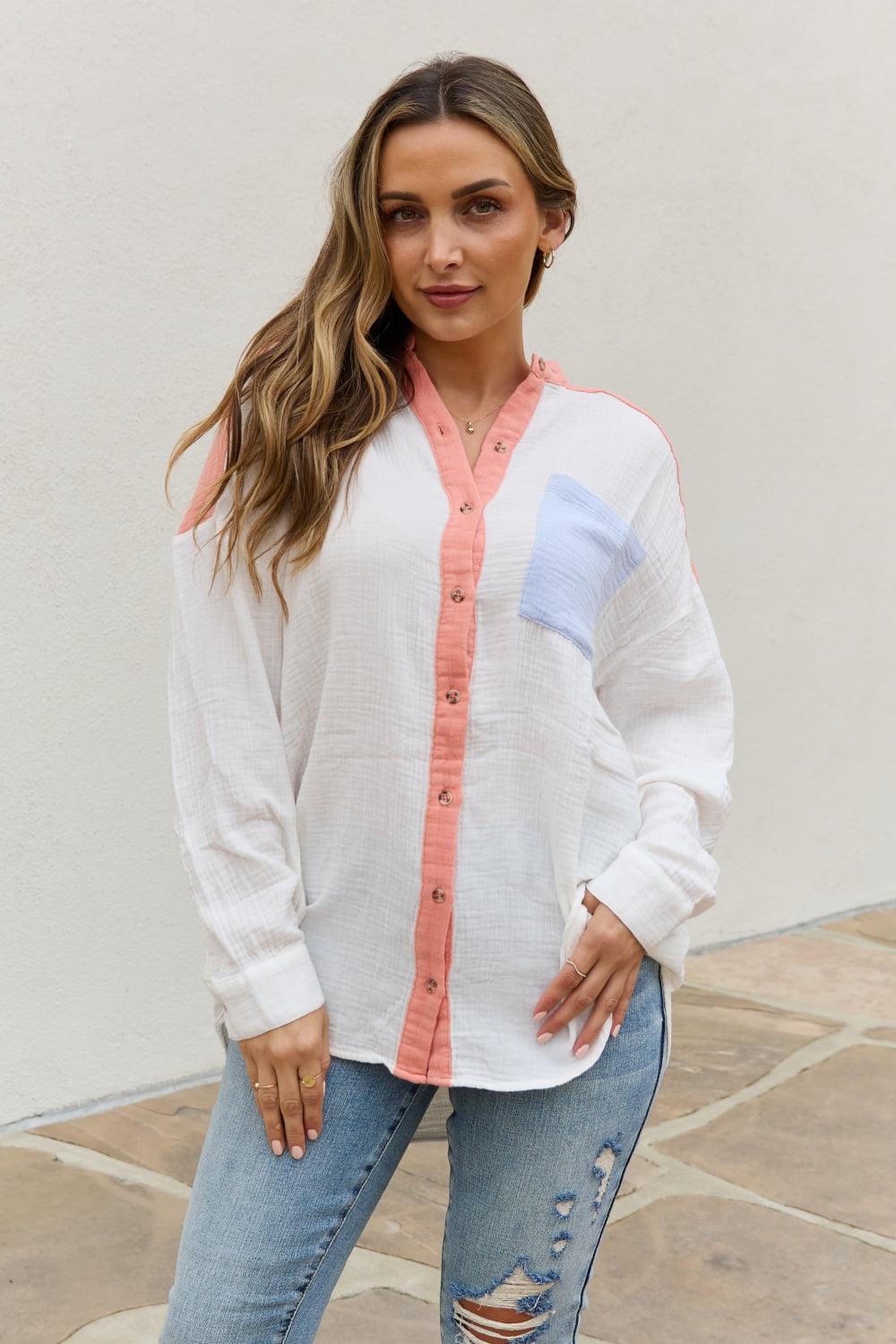 White Birch Full Size Color Block Woven Button Down Top - The Fiery Jasmine