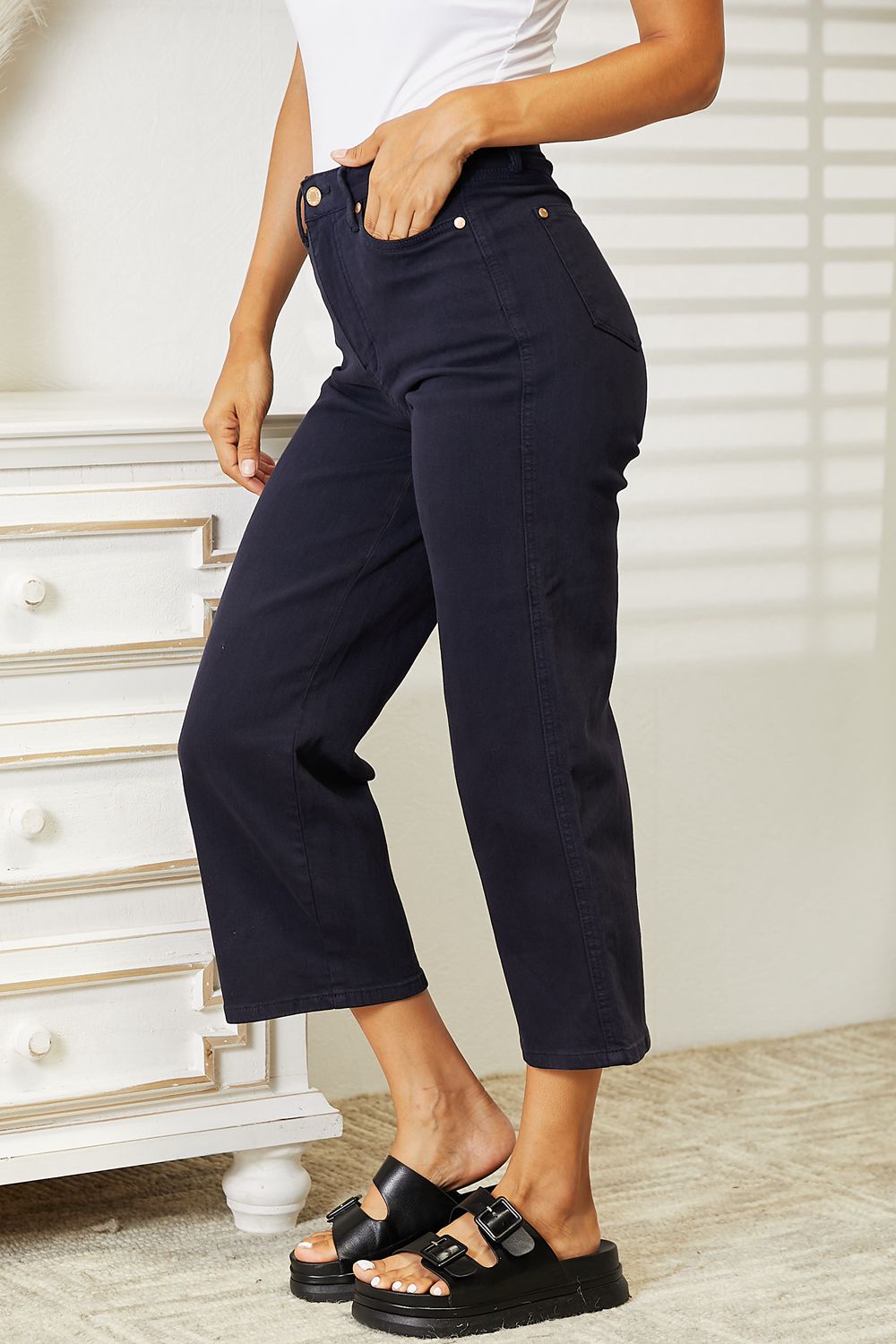 Judy Blue Tummy Control Garment Dyed Wide Cropped Jeans