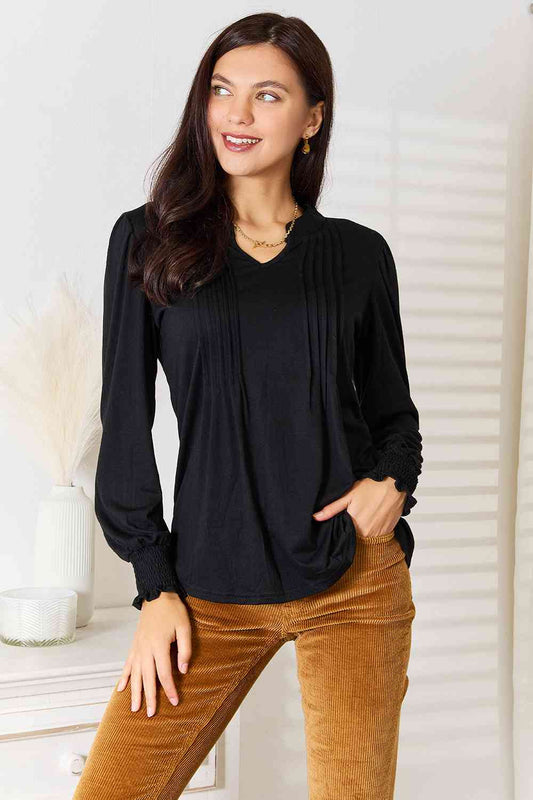 Back in Black Ruched Notched Neck Puff Sleeve Blouse