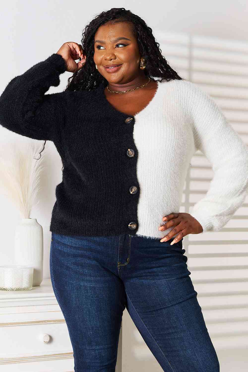Seeing Double Contrast Button-Front V-Neck Cardigan