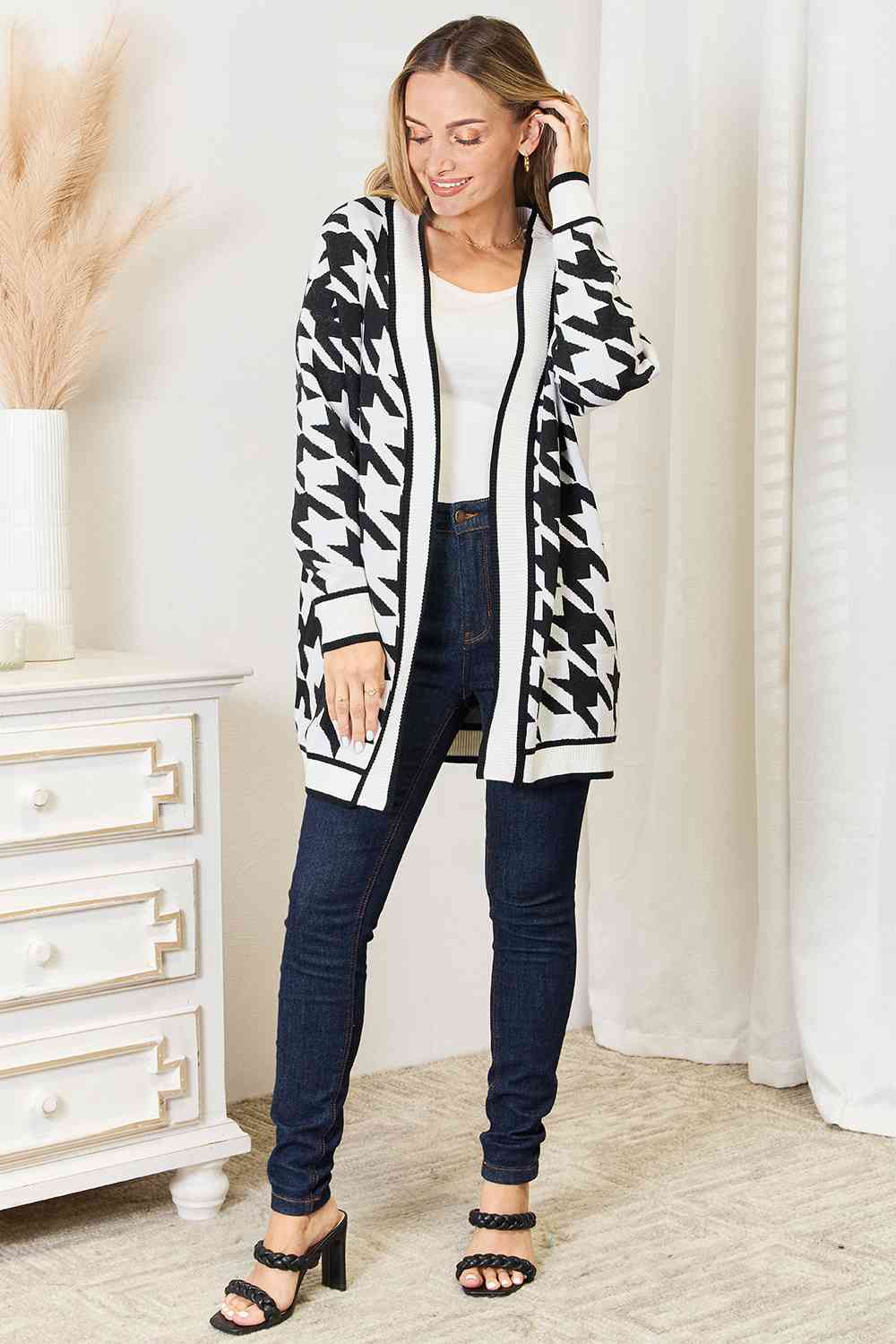 Hot in Houndstooth Open Front Longline Cardigan