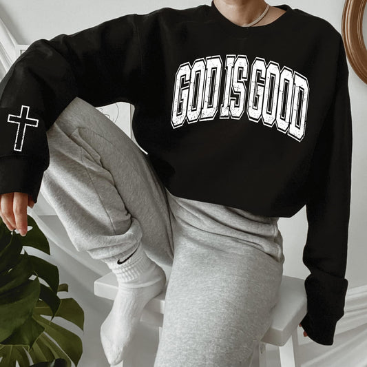 God Is Good with Cross  Sleeve Accent Sweatshirt
