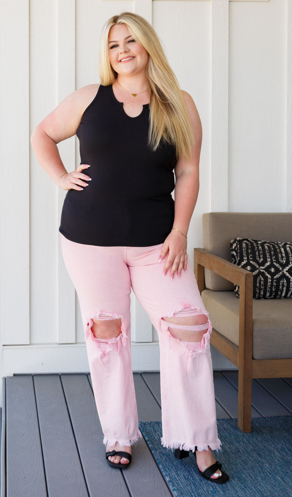 Risen Babs Distressed Straight Jeans in Pink