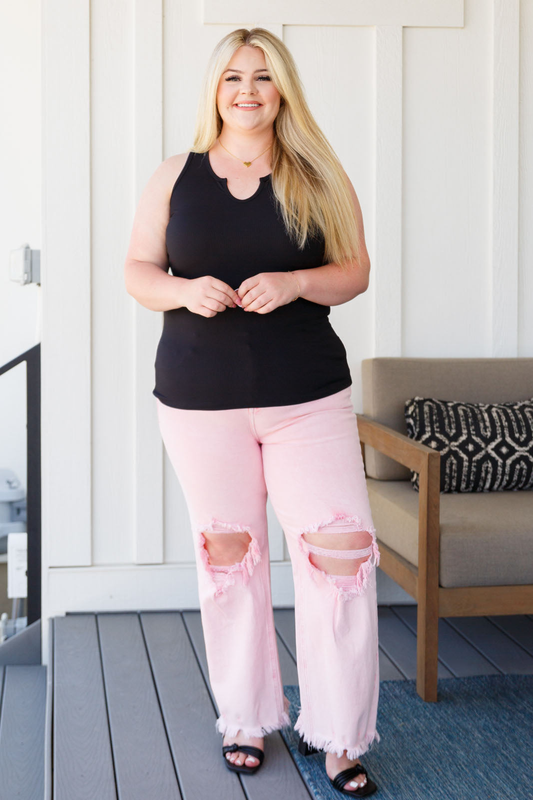 Risen Babs Distressed Straight Jeans in Pink