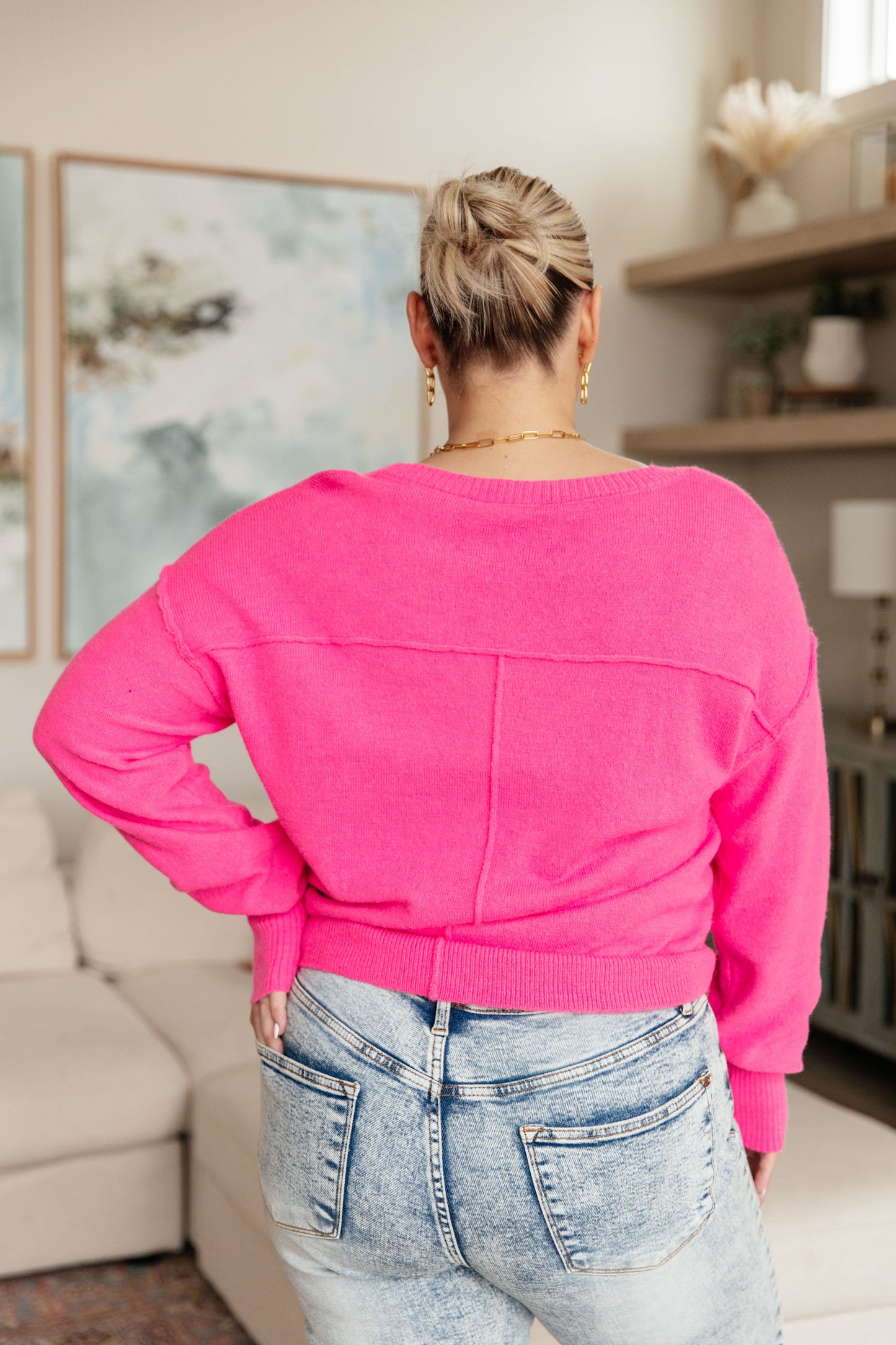 GeeGee Back to Life V-Neck Sweater in Pink