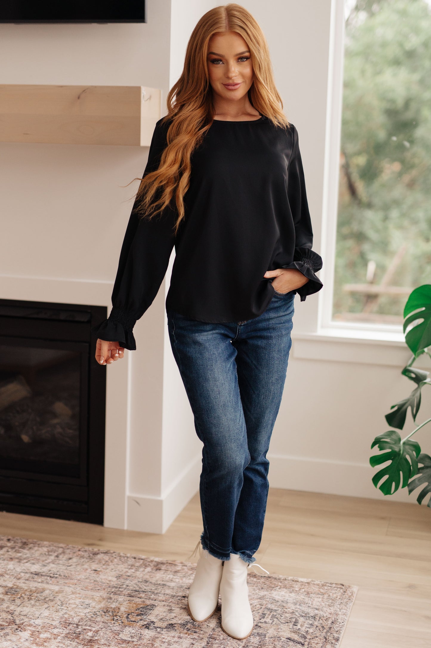 One Eleven North “Peaceful Moments” Smocked Sleeve Blouse in Black