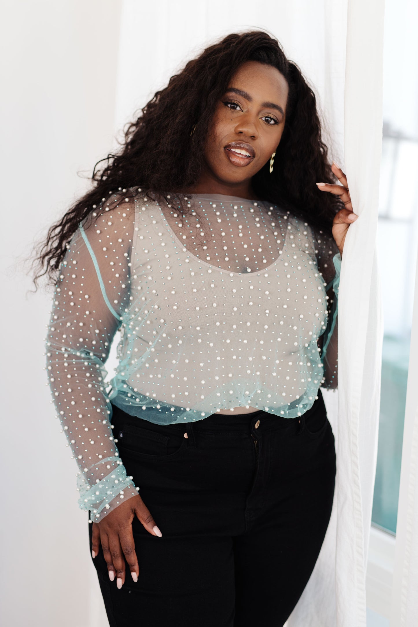 White Birch Pearl Diver Layering Top in Light Cyan lip
