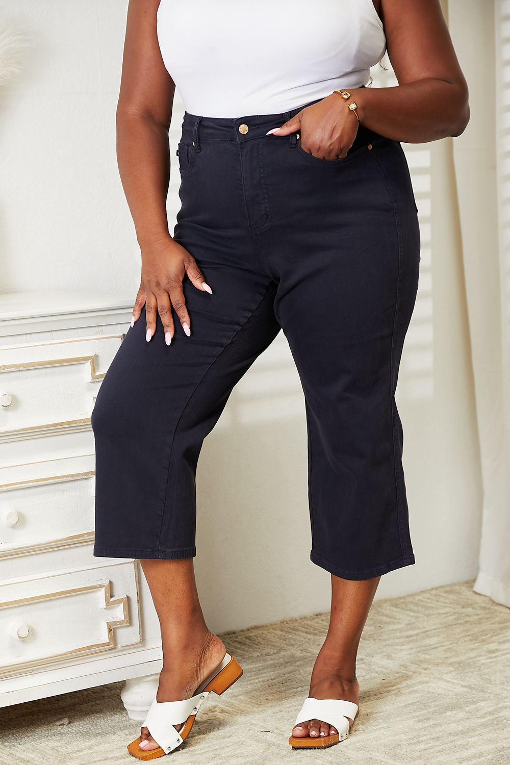 Judy Blue Tummy Control Garment Dyed Wide Cropped Jeans